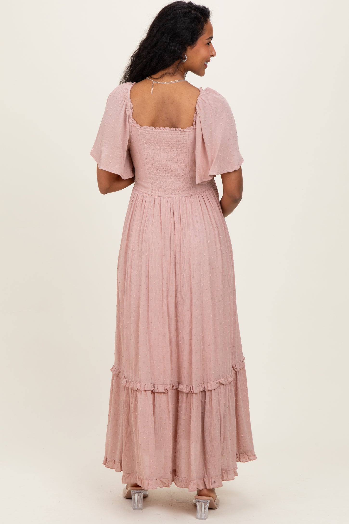 Light Pink Swiss Dot Ruffle Trim Maternity Maxi Dress