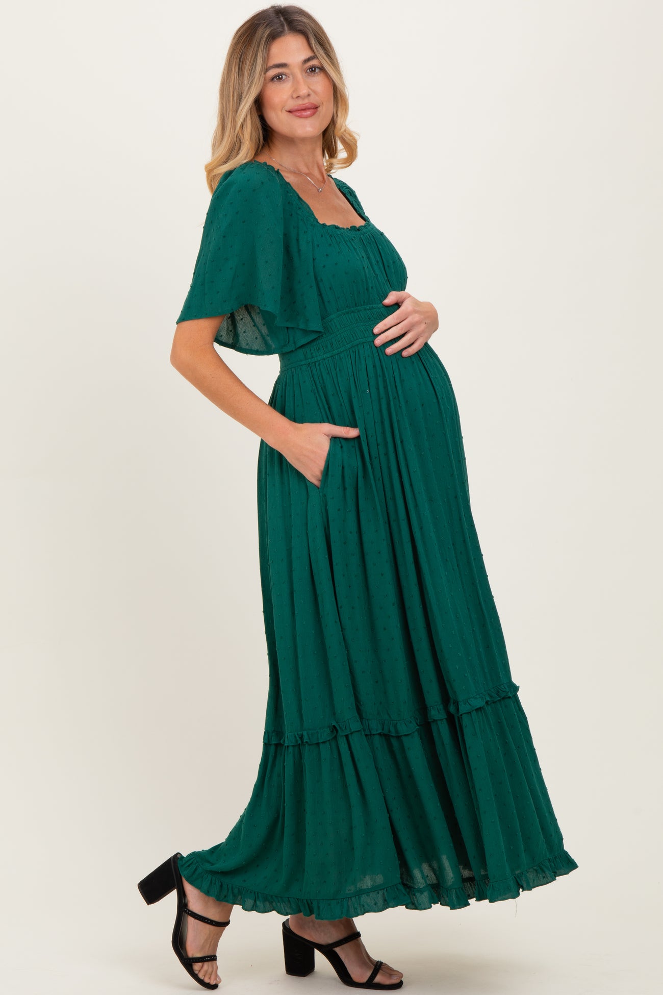 Forest Green Swiss Dot Ruffle Trim Maternity Maxi Dress