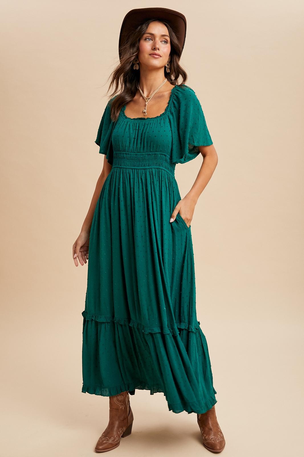 Forest Green Swiss Dot Ruffle Trim Maternity Maxi Dress