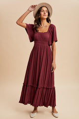 Burgundy Swiss Dot Ruffle Trim Maxi Dress