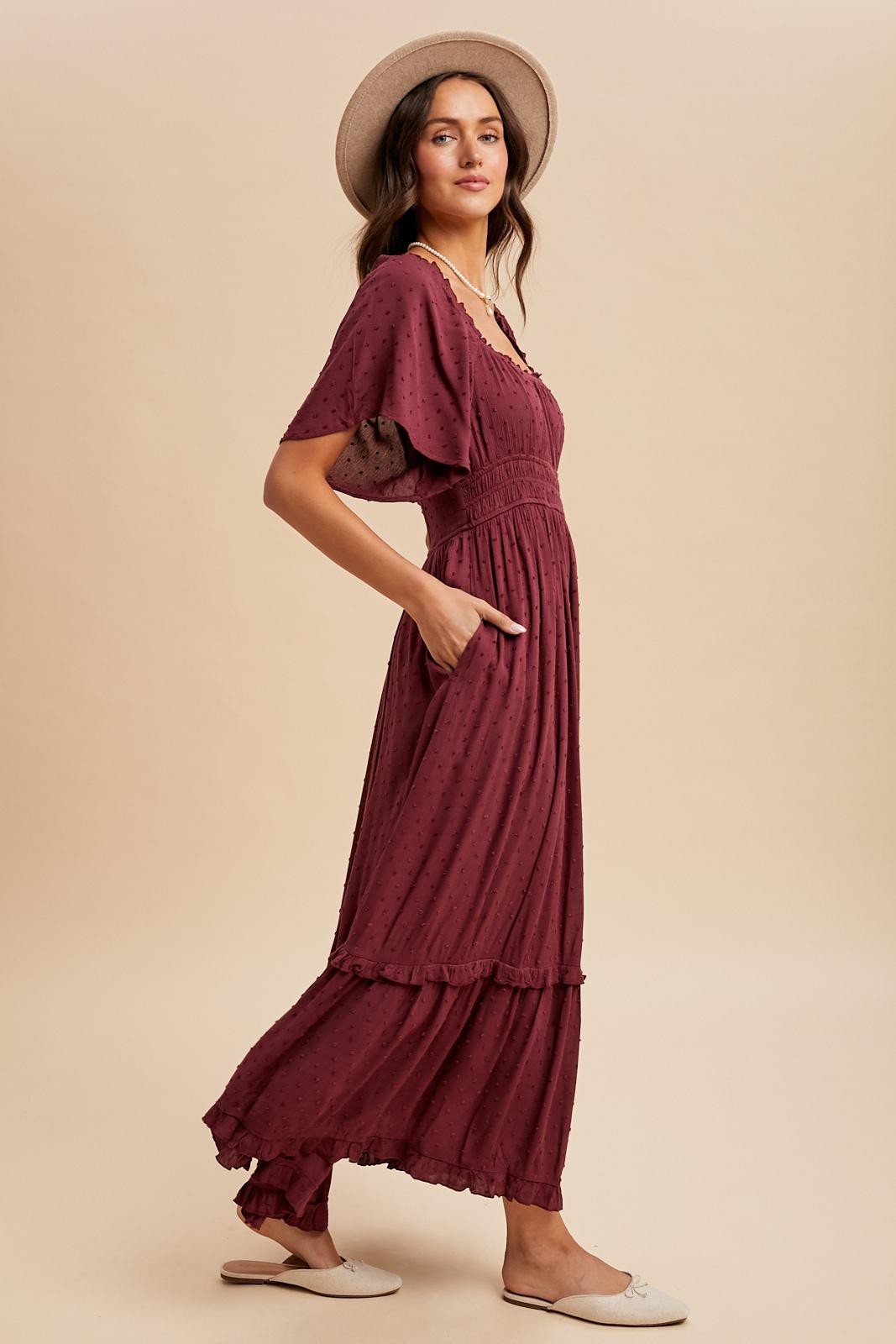 Burgundy Swiss Dot Ruffle Trim Maxi Dress