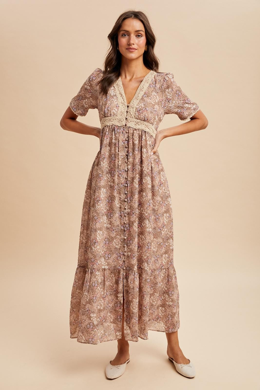 Mauve Floral Lace Detail Button Down Maxi Dress