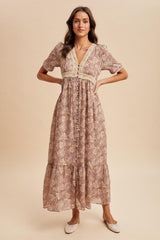 Mauve Floral Lace Detail Button Down Maxi Dress