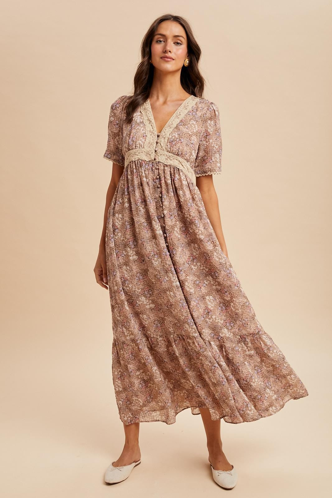 Mauve Floral Lace Detail Button Down Maxi Dress