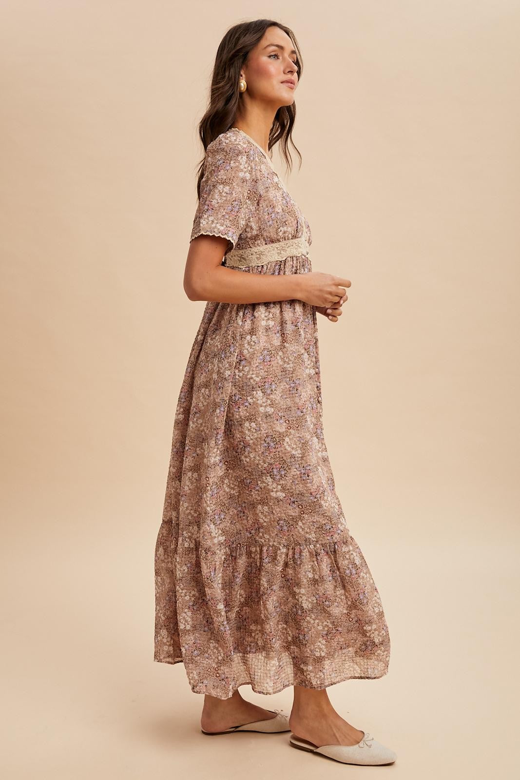 Mauve Floral Lace Detail Button Down Maxi Dress
