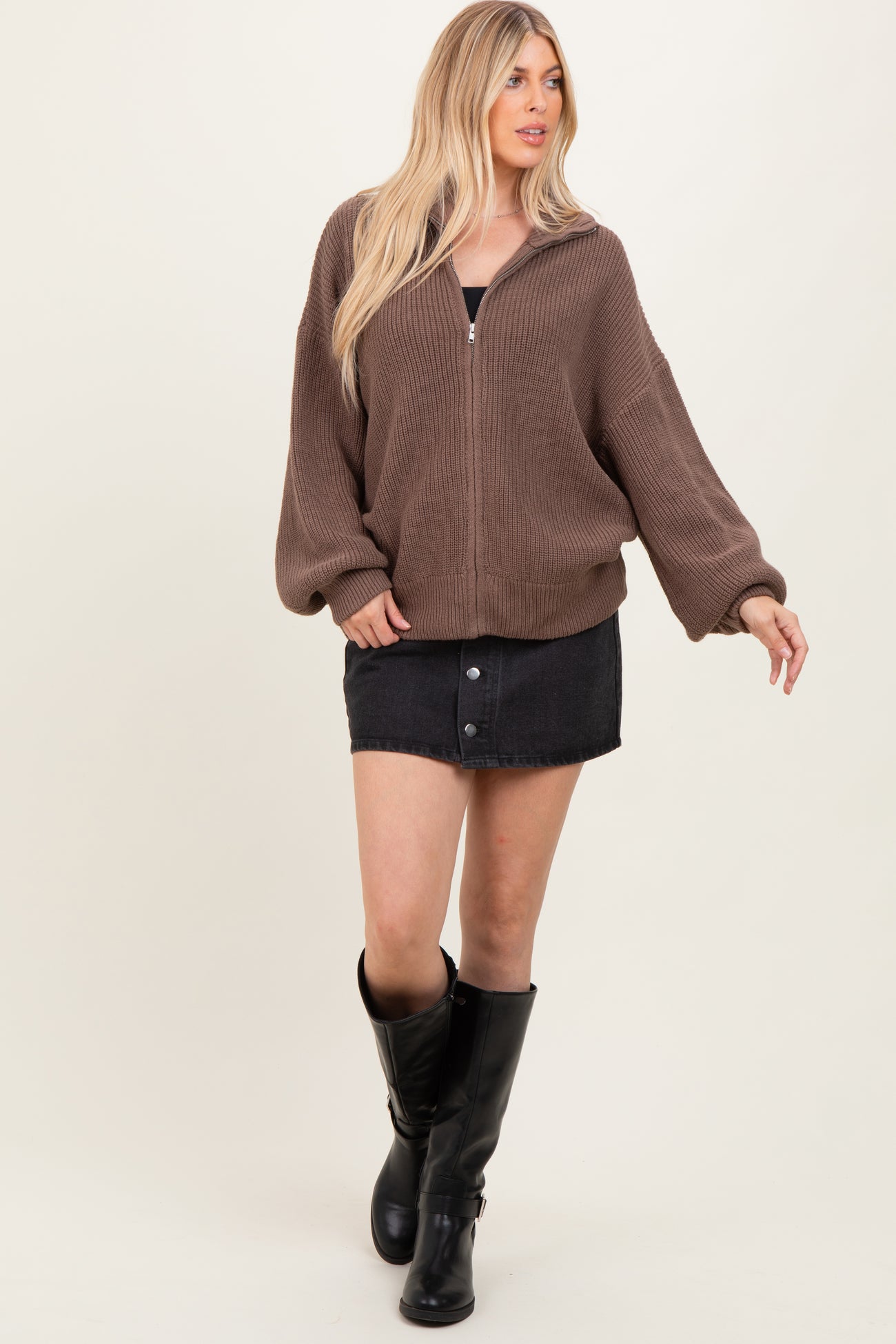 Light Mocha Oversized Zip Up Cardigan
