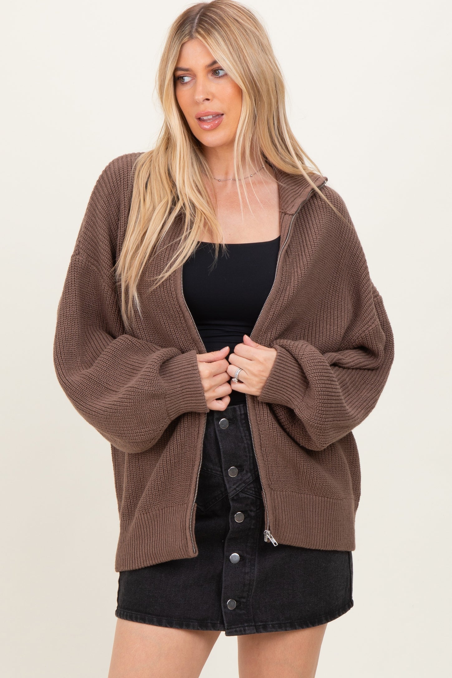 Light Mocha Oversized Zip Up Cardigan