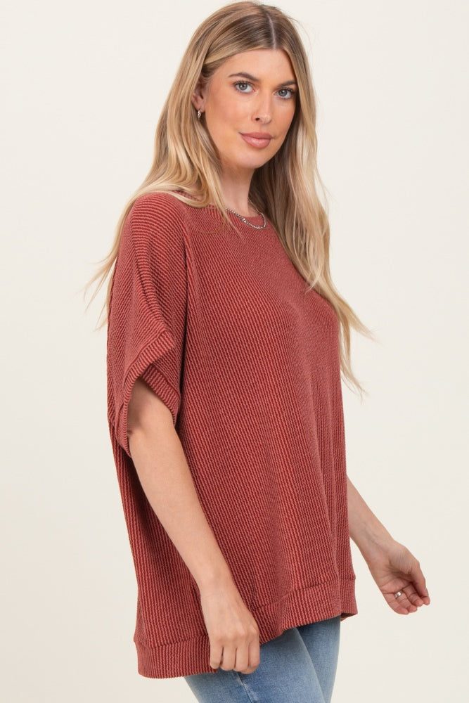 Rust Solid Ribbed Short Sleeve Oversized Tunic Top