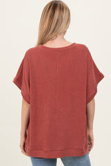 Rust Solid Ribbed Short Sleeve Oversized Tunic Top