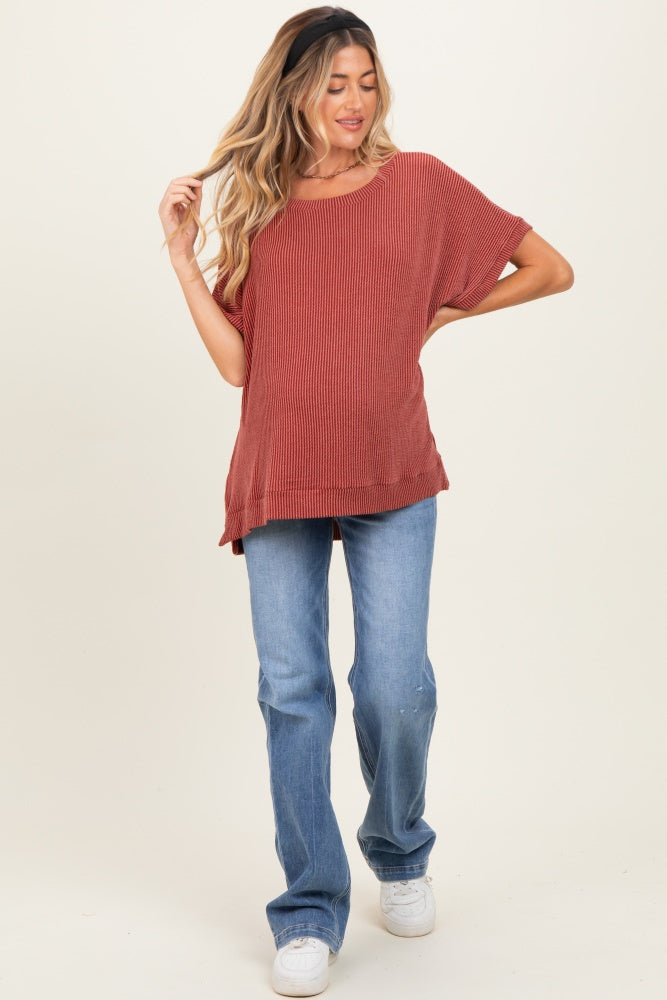 Rust Solid Ribbed Short Sleeve Oversized Maternity Tunic Top