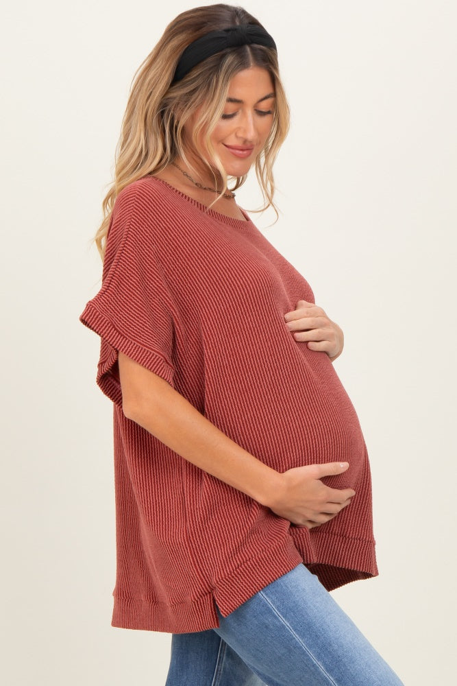 Rust Solid Ribbed Short Sleeve Oversized Maternity Tunic Top