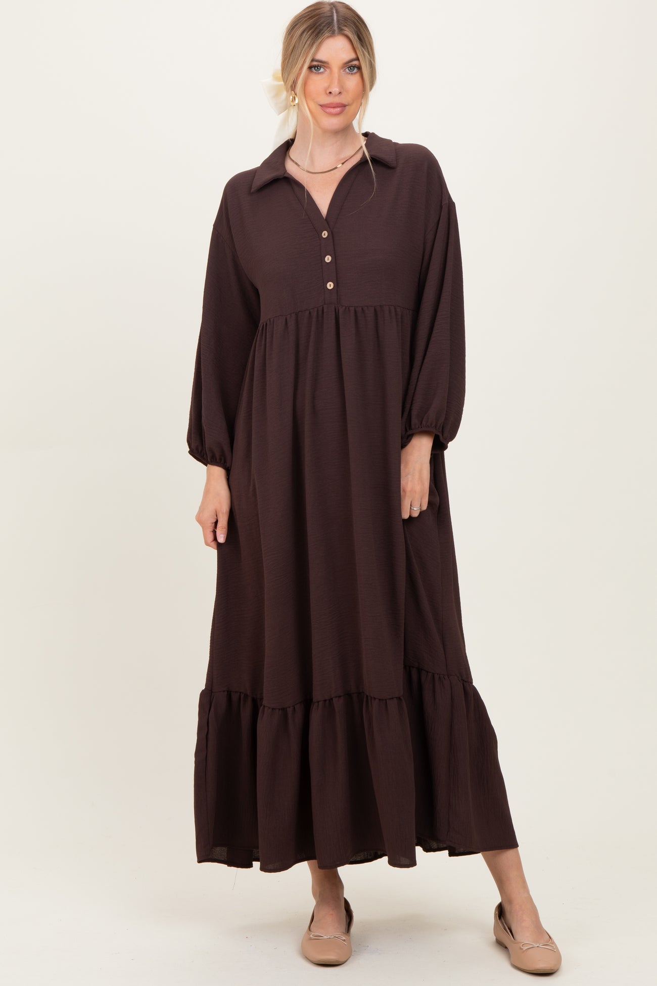 Brown Solid Long Sleeve Button Down Tiered Collared Dress