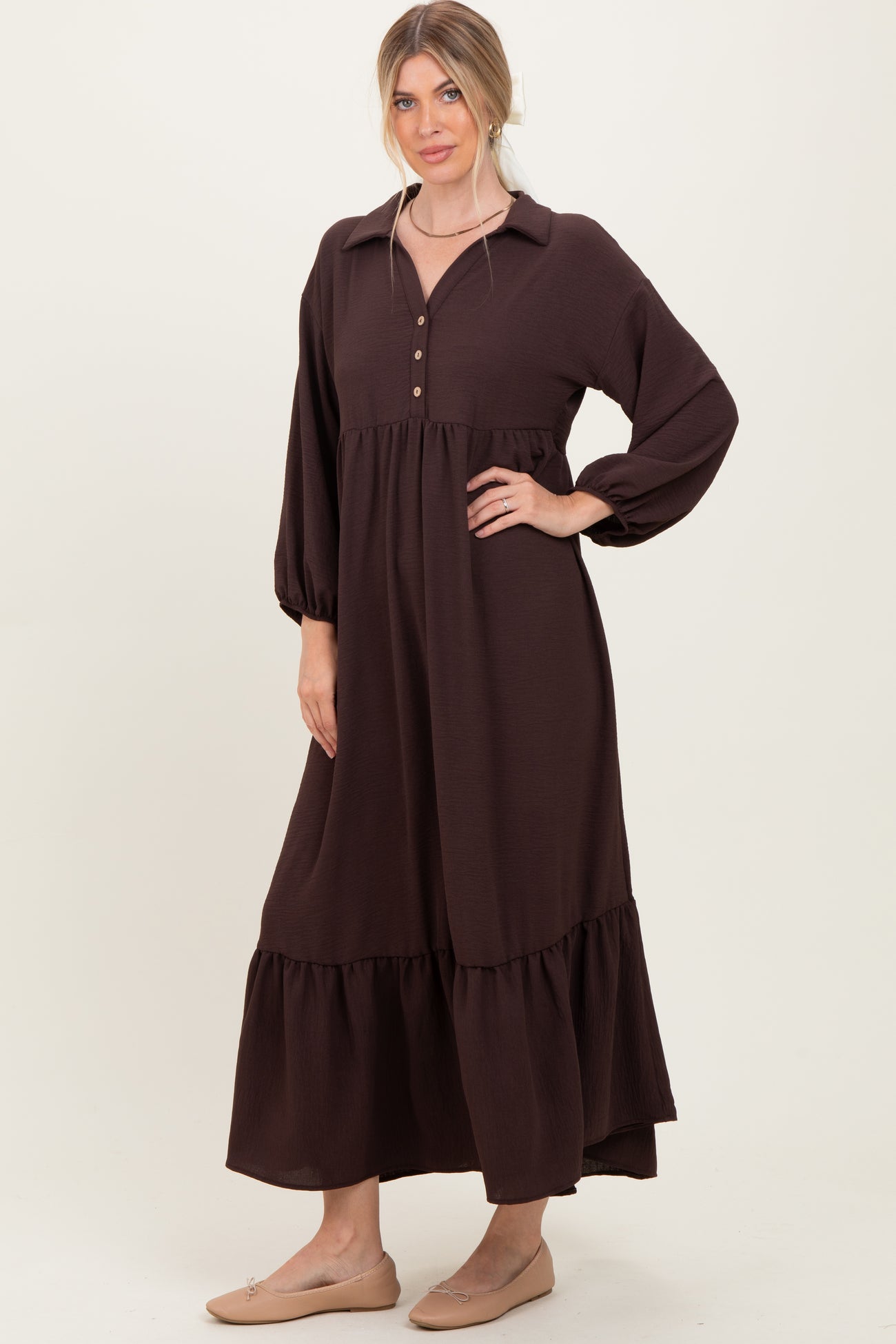 Brown Solid Long Sleeve Button Down Tiered Collared Dress
