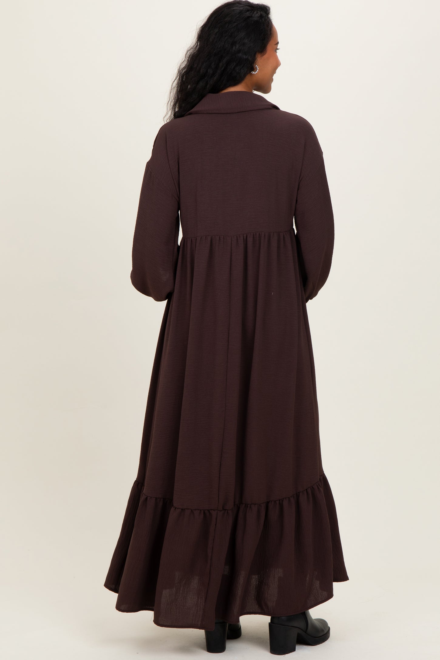 Brown Solid Long Sleeve Button Down Tiered Collared Maternity Dress