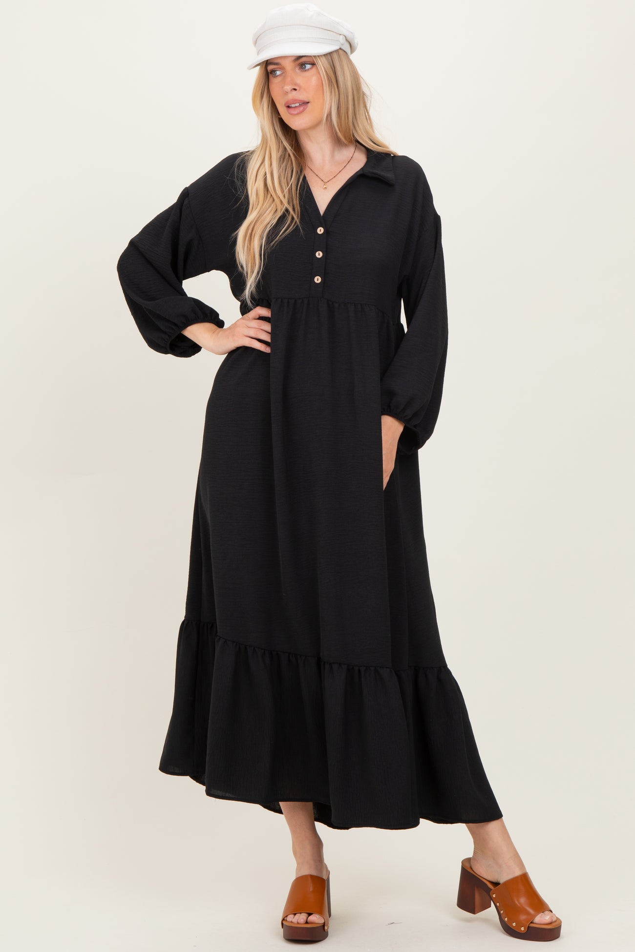 Black Solid Long Sleeve Button Down Tiered Collared Dress