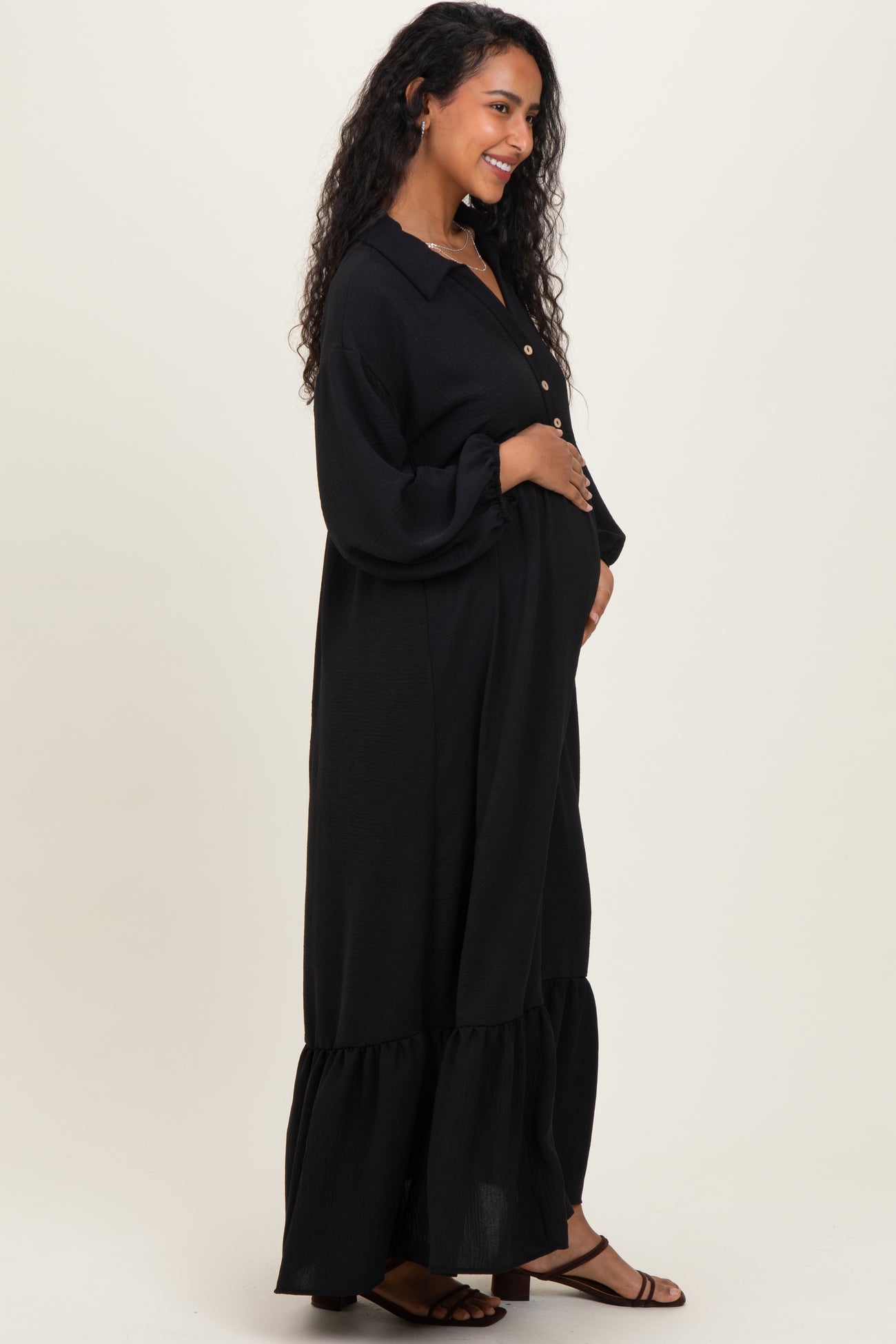Black Solid Long Sleeve Button Down Tiered Collared Maternity Dress