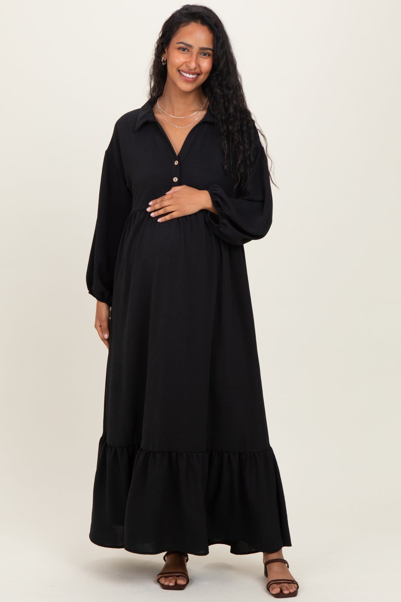 Black Solid Long Sleeve Button Down Tiered Collared Maternity Dress