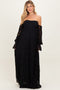 Black Lace Smocked Long Sleeve Off Shoulder Maternity Maxi Dress