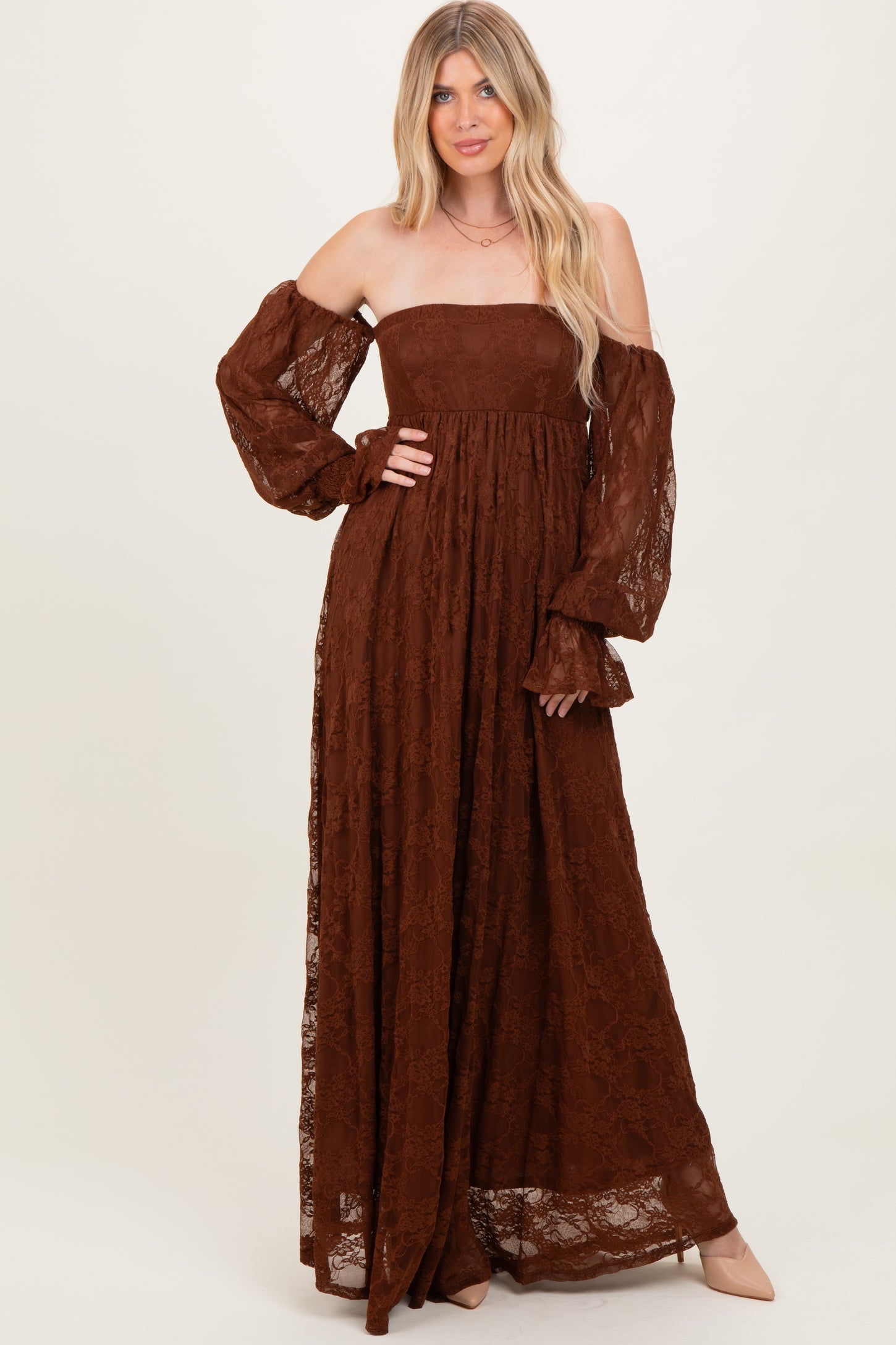 Brown Lace Smocked Long Sleeve Off Shoulder Maternity Maxi Dress