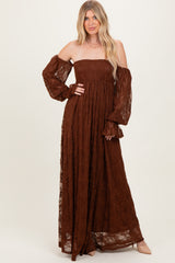 Brown Lace Smocked Long Sleeve Off Shoulder Maternity Maxi Dress