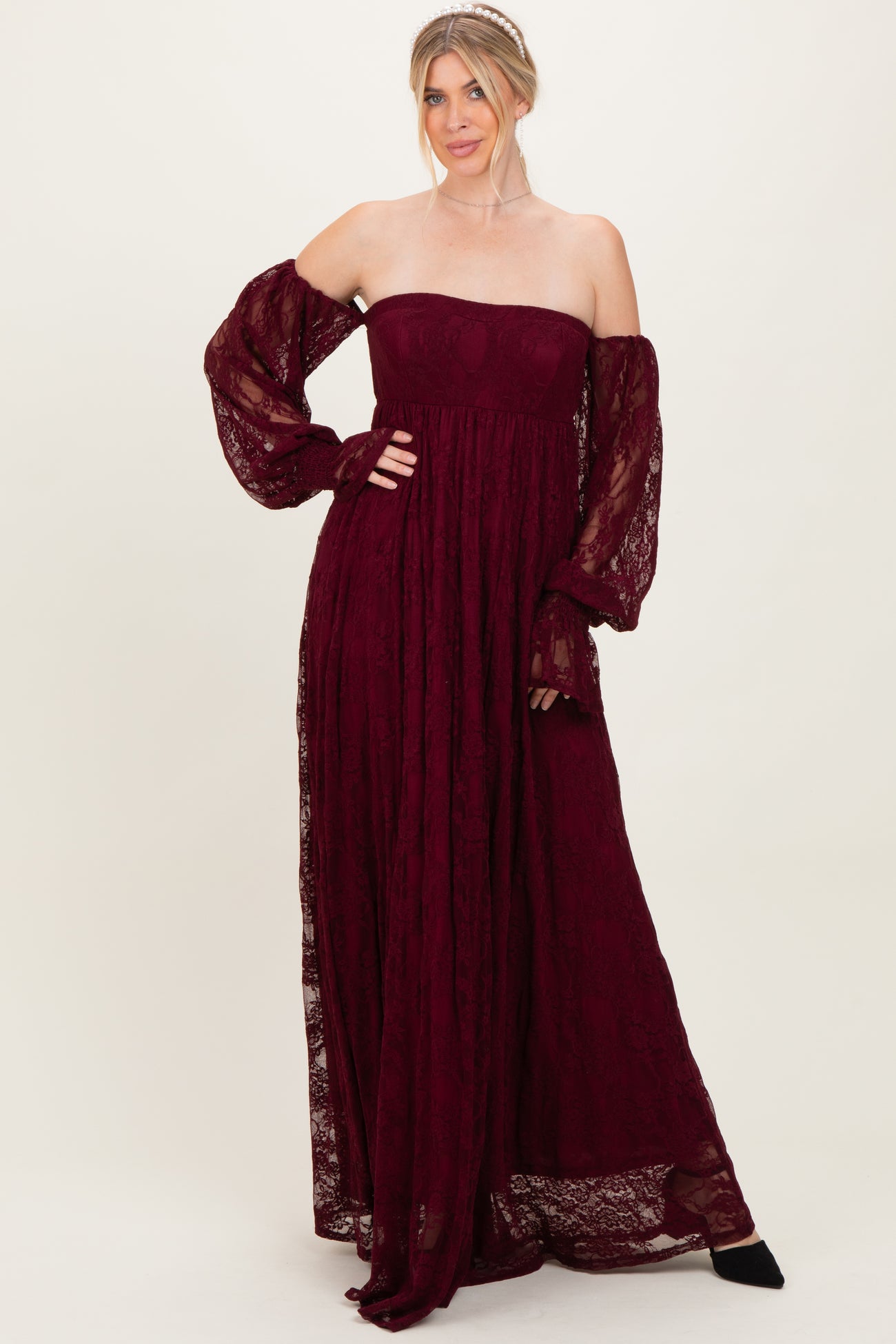 Burgundy Lace Smocked Long Sleeve Off Shoulder Maternity Maxi Dress