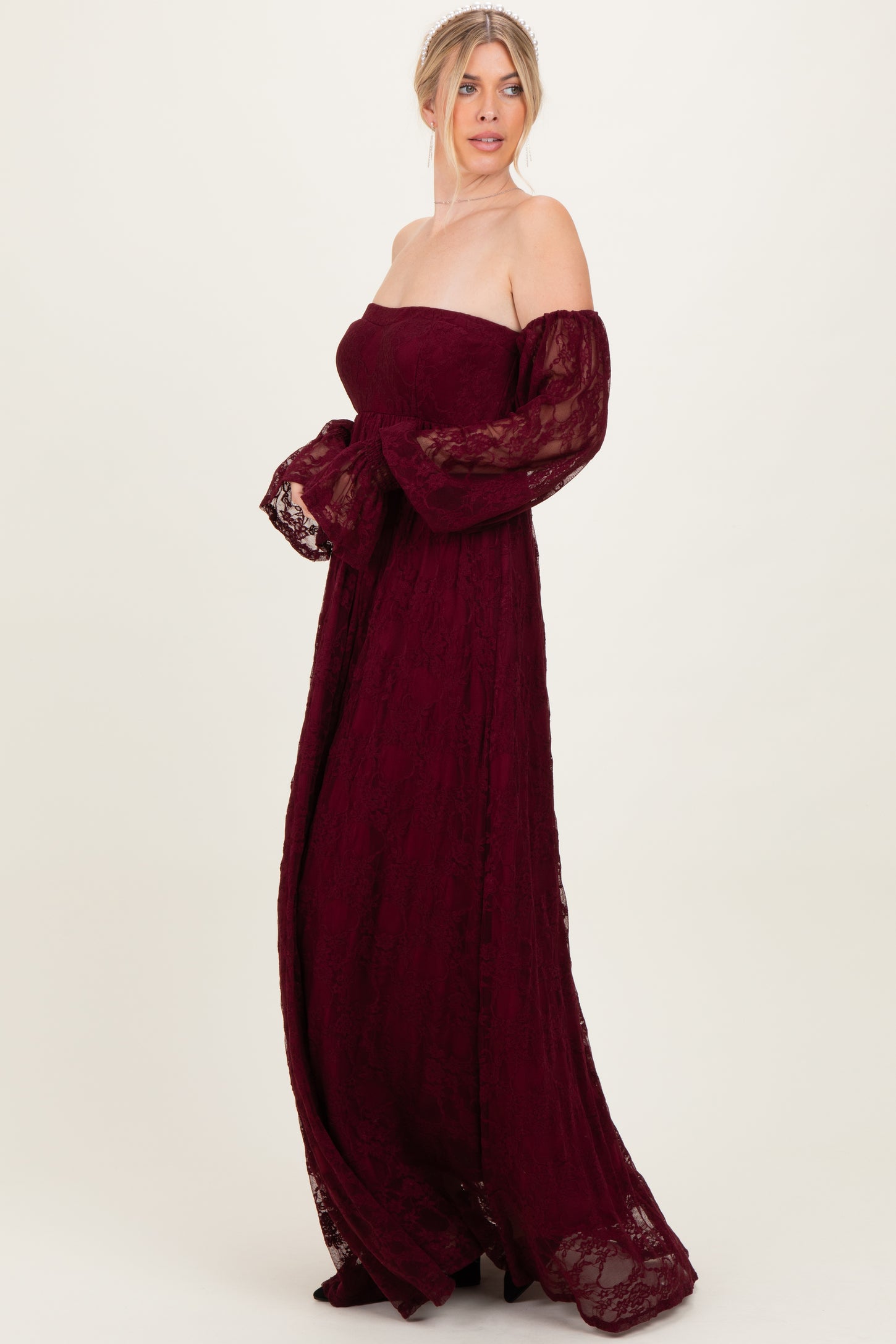 Burgundy Lace Smocked Long Sleeve Off Shoulder Maxi Dress