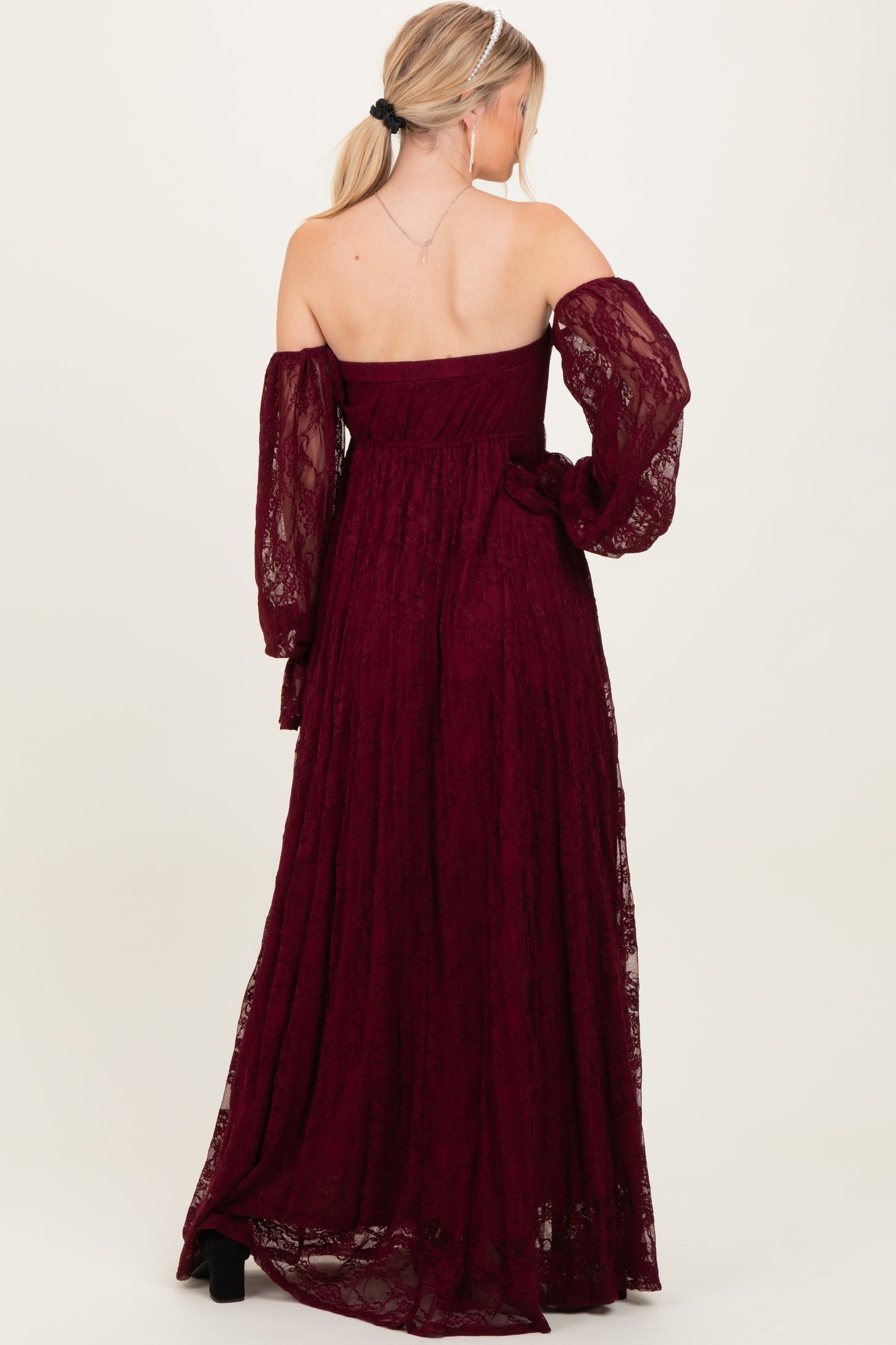 Burgundy Lace Smocked Long Sleeve Off Shoulder Maxi Dress