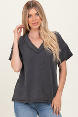 Charcoal Ribbed Short Sleeve V-Neck Reverse Stitch Maternity Top