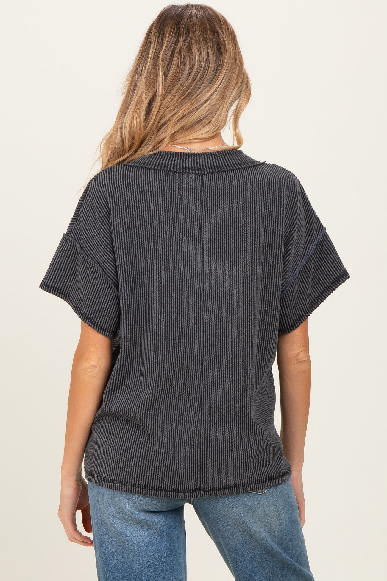 Charcoal Ribbed Short Sleeve V-Neck Reverse Stitch Maternity Top