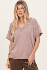 Taupe Ribbed Short Sleeve V-Neck Reverse Stitch Maternity Top