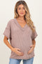 Taupe Ribbed Short Sleeve V-Neck Reverse Stitch Maternity Top
