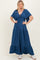 woman wearing a navy blue tiered maxi dress with flutter sleeves and a front tie detail