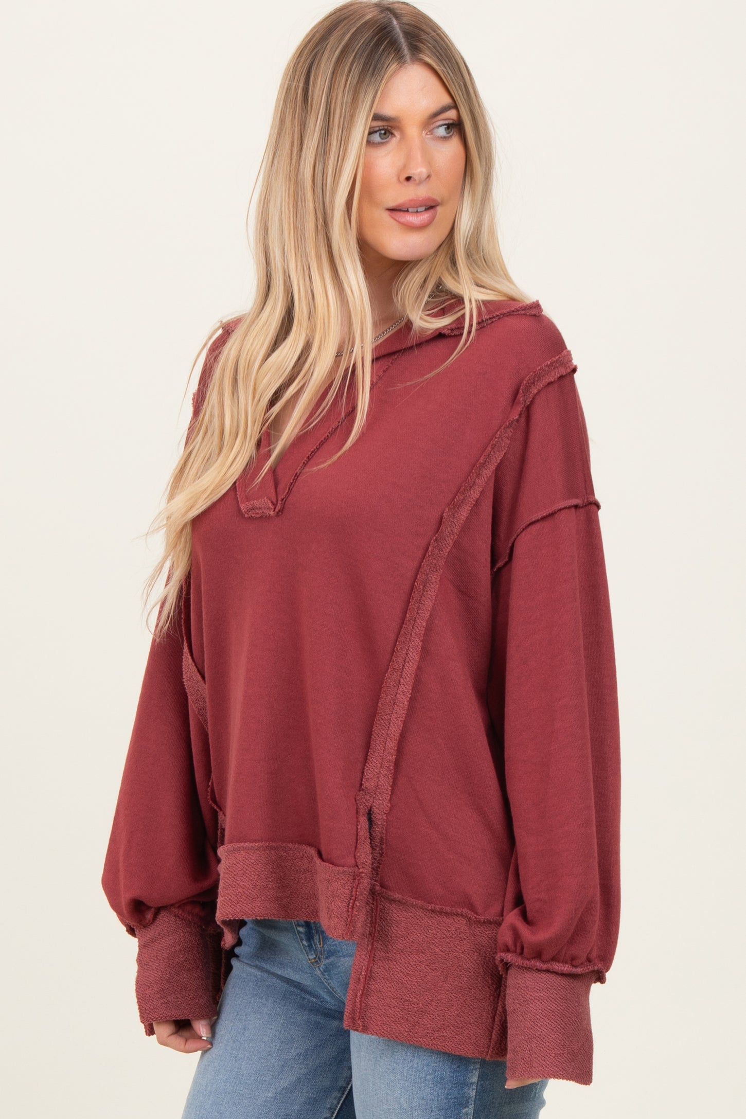 Burgundy Long Sleeve Reverse Stitch Collared Top