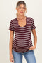 Burgundy Stripe Short Sleeve Round Neck Maternity Top