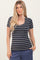 woman wearing a navy and cream striped short sleeve top with a scoop neckline and relaxed fit