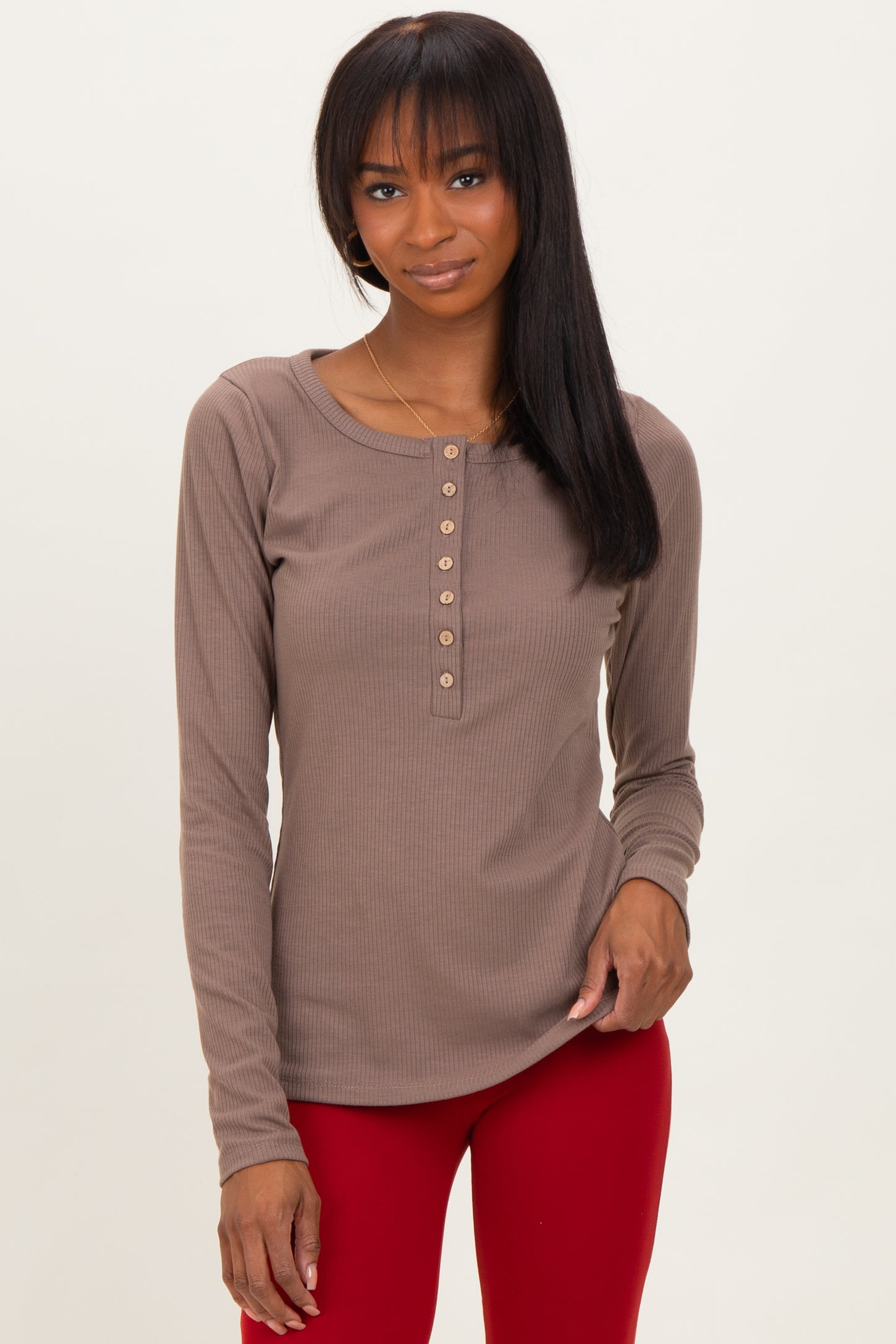 Mocha Solid Ribbed Long Sleeve Button Down Maternity Tunic Top
