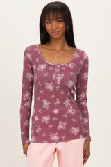 Burgundy Floral Ribbed Long Sleeve Button Down Maternity Tunic Top