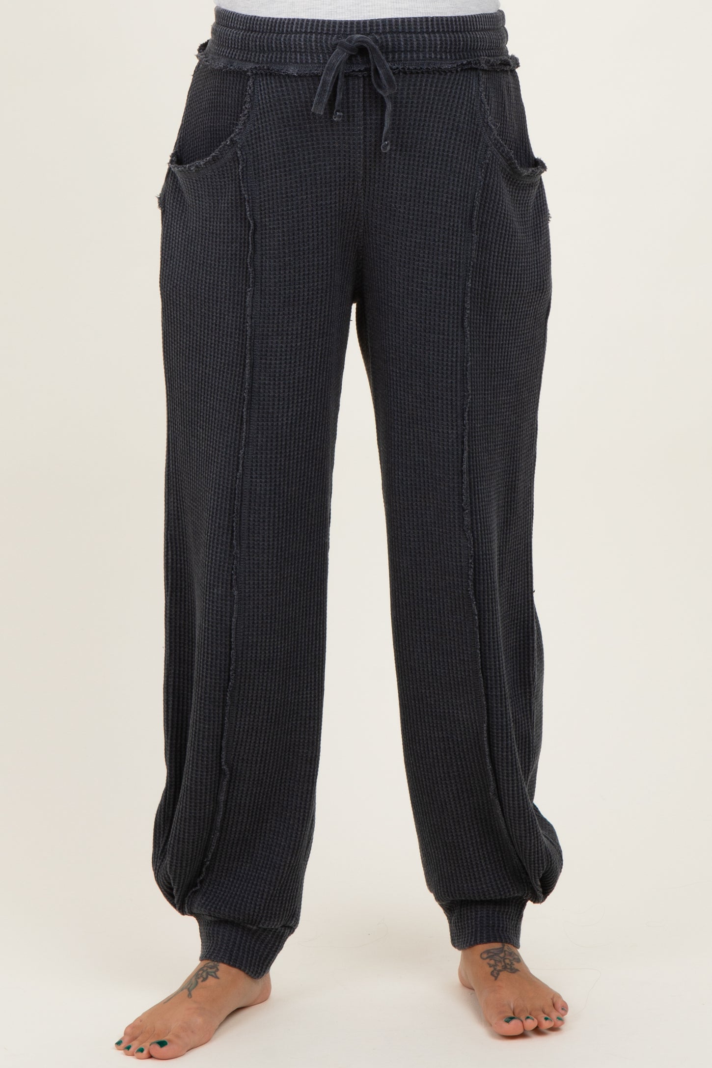 Black Raw Seam Waffle Knit Maternity Joggers