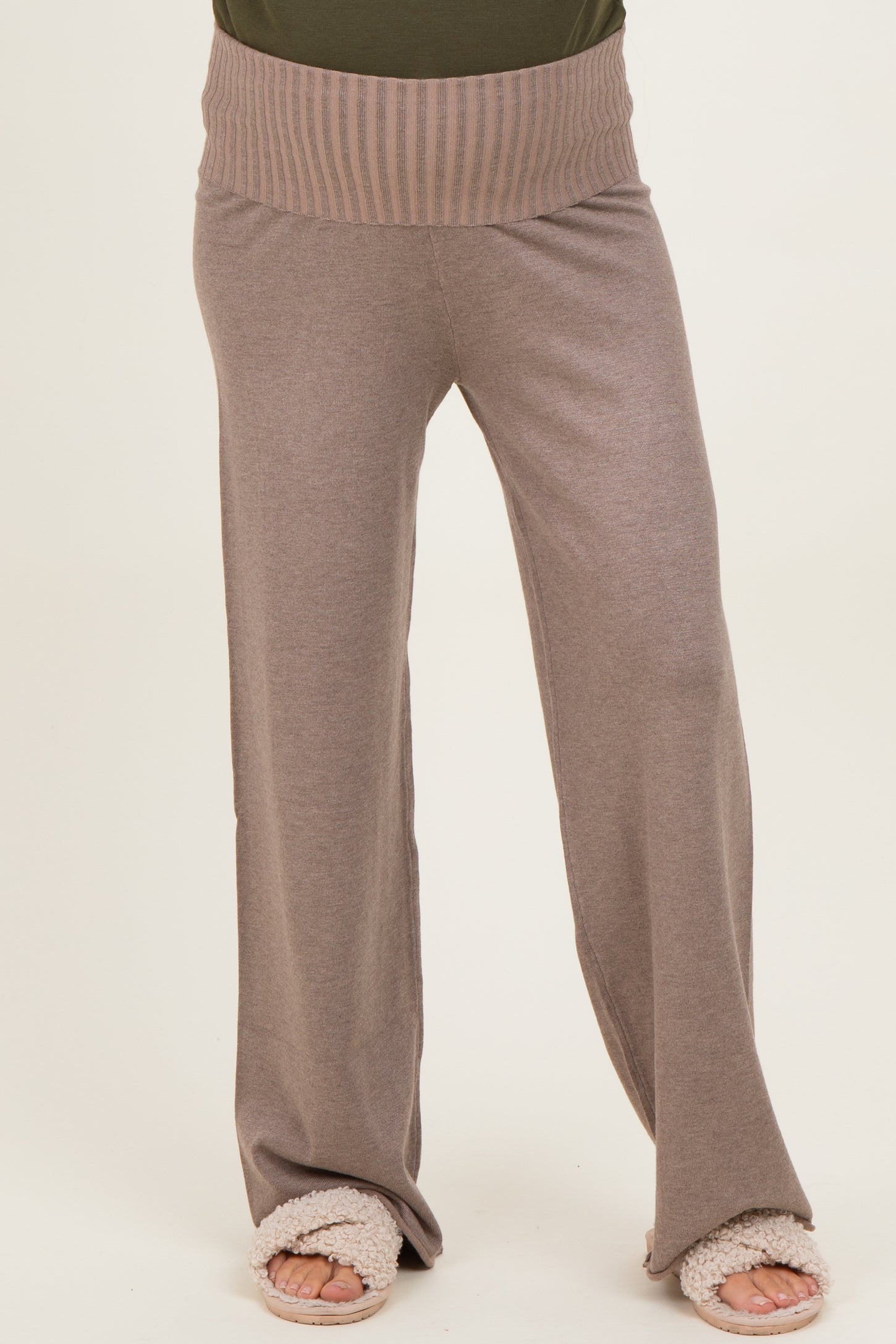 Mocha Ribbed Knit Foldover Waist Maternity Pants
