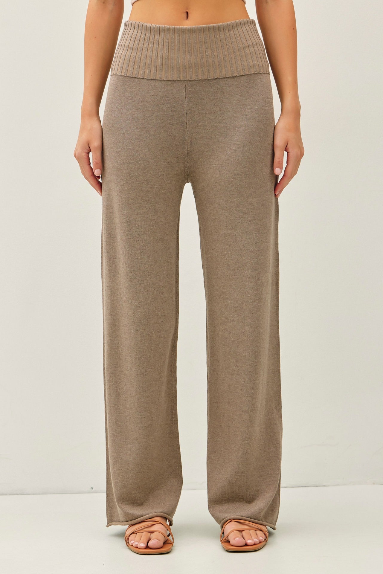 Mocha Ribbed Knit Foldover Waist Pants