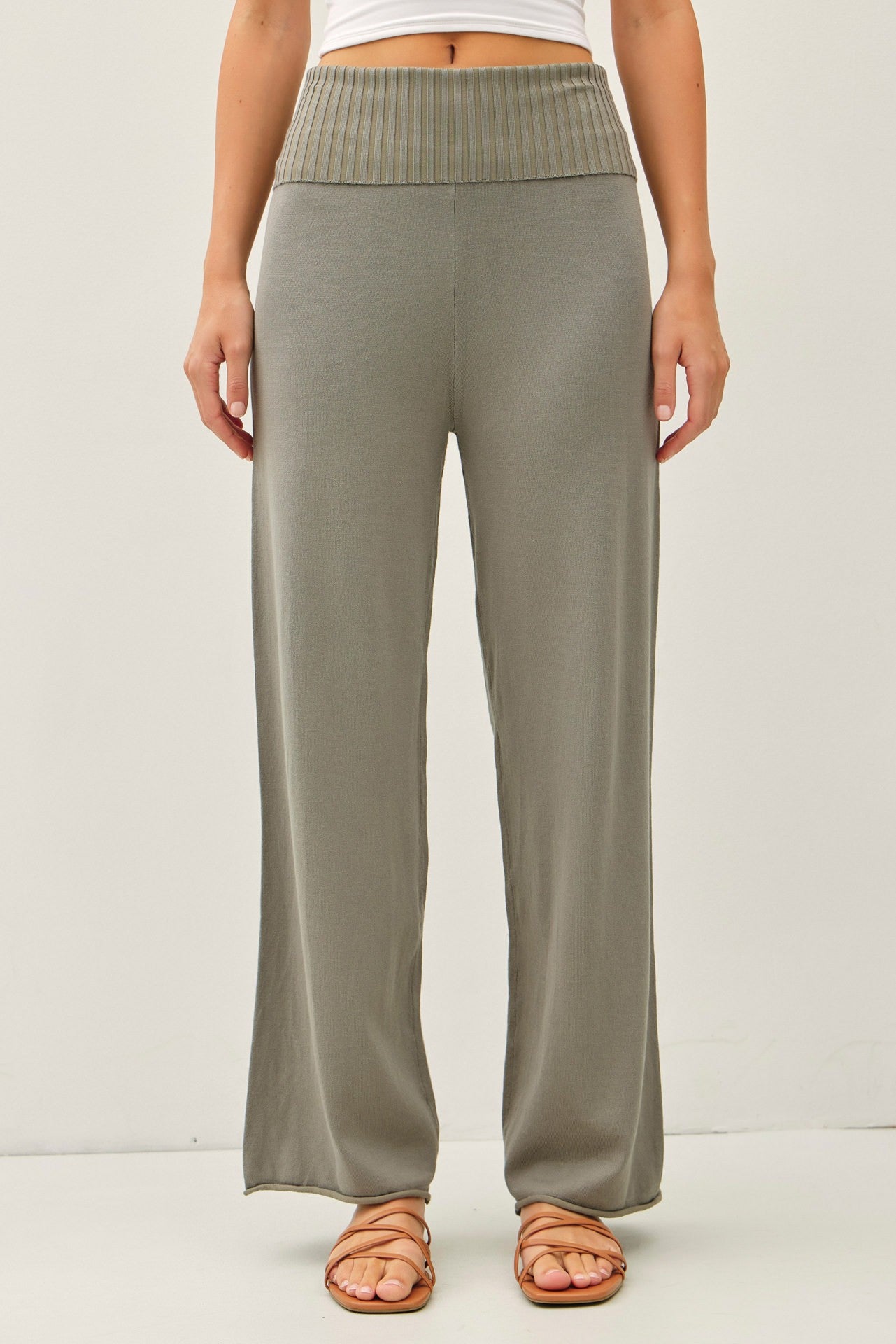Olive Ribbed Knit Foldover Waist Pants