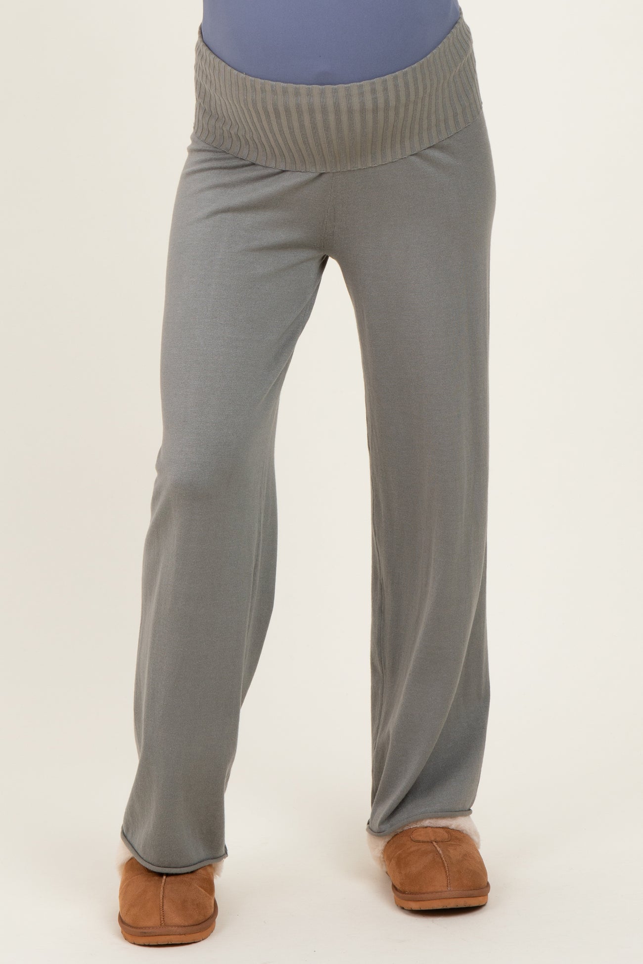 Olive Ribbed Knit Foldover Waist Maternity Pants