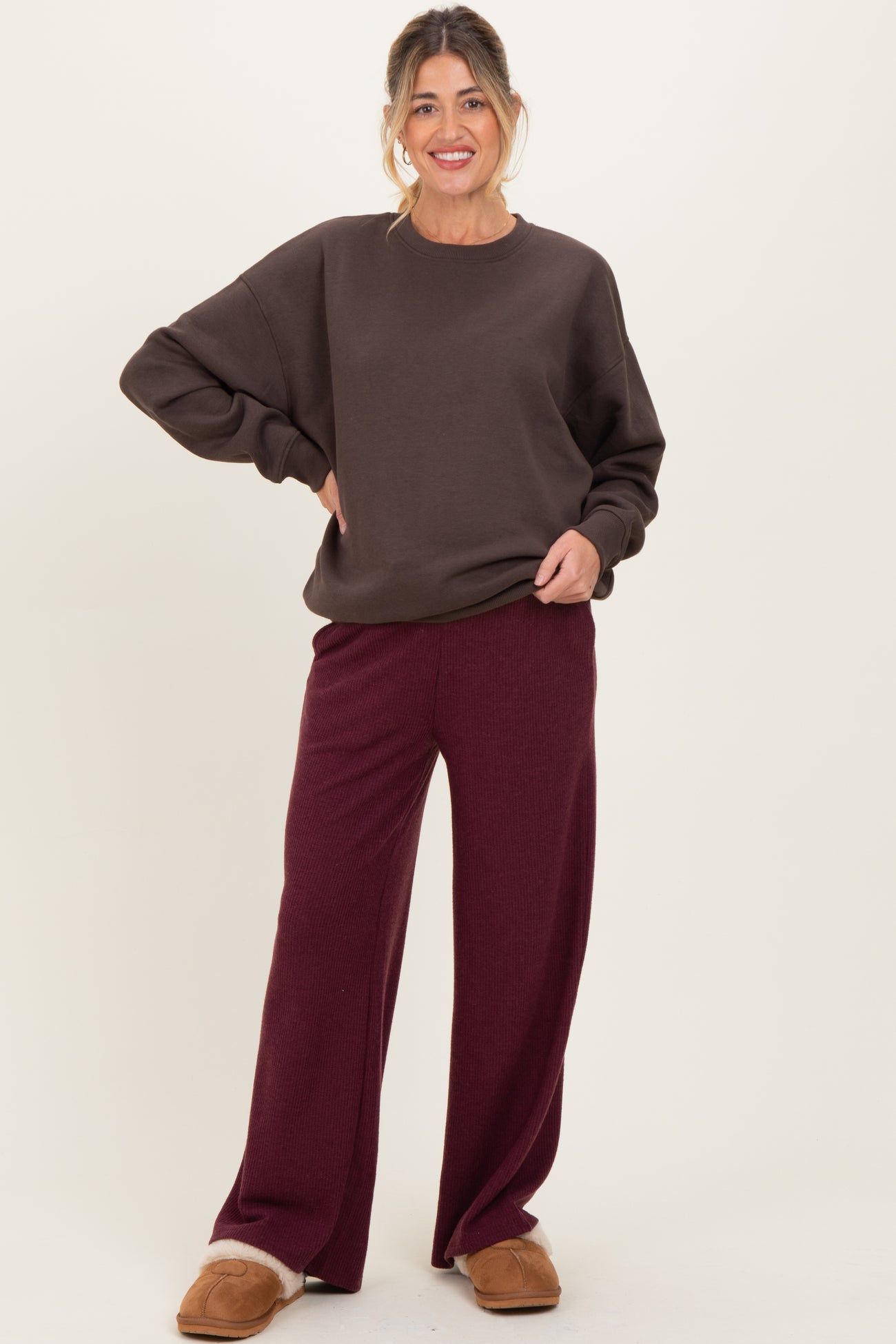 Burgundy Brushed Ribbed Knit Maternity Lounge Pants