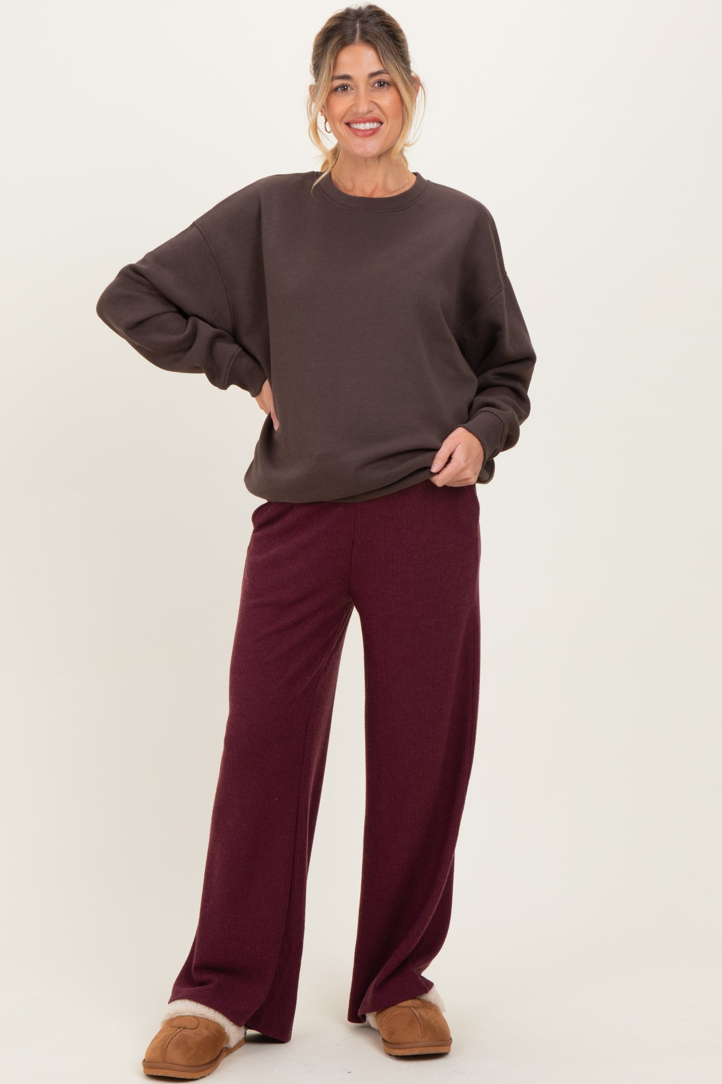 Burgundy Brushed Ribbed Knit Maternity Lounge Pants