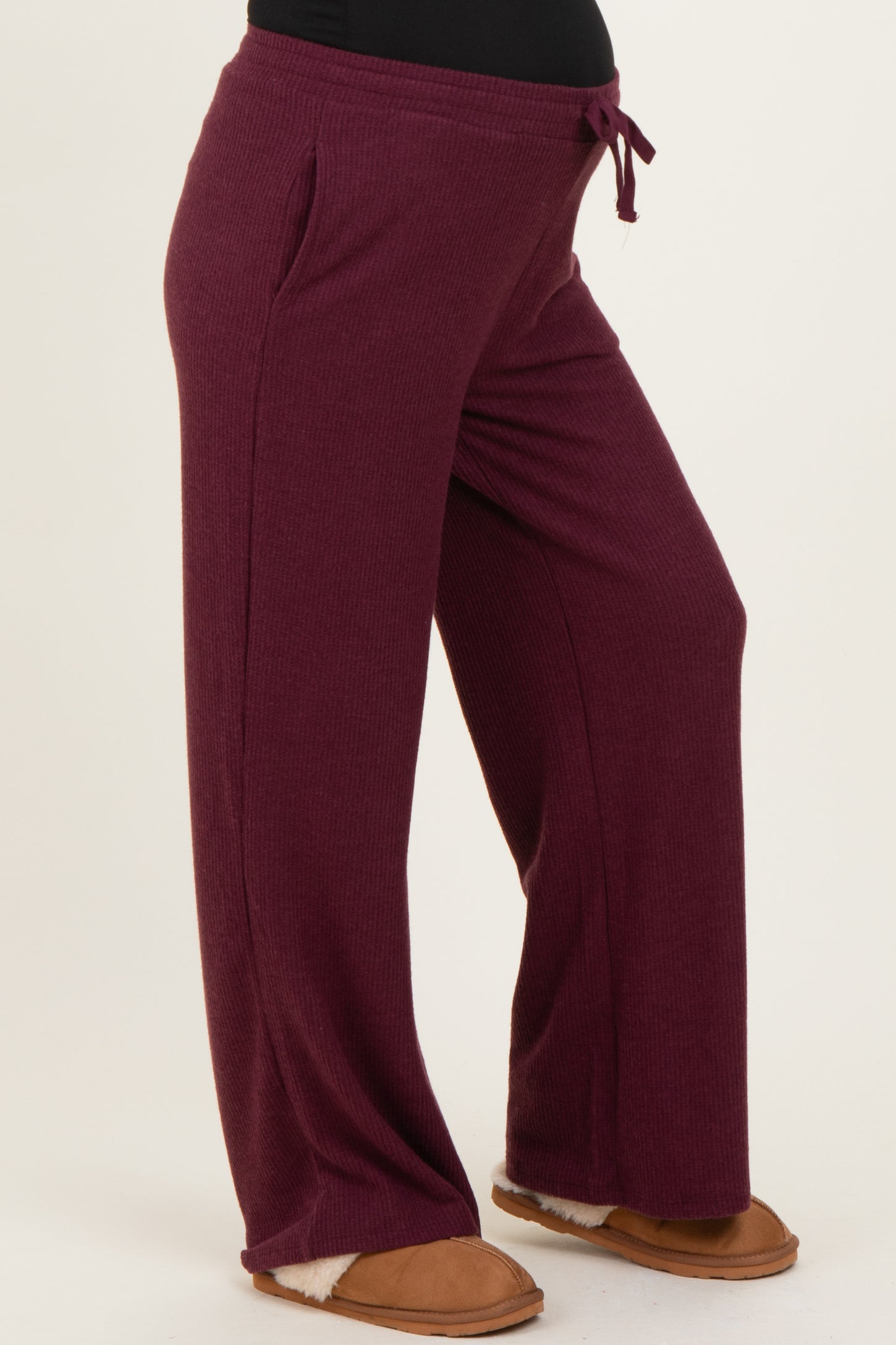 Burgundy Brushed Ribbed Knit Maternity Lounge Pants