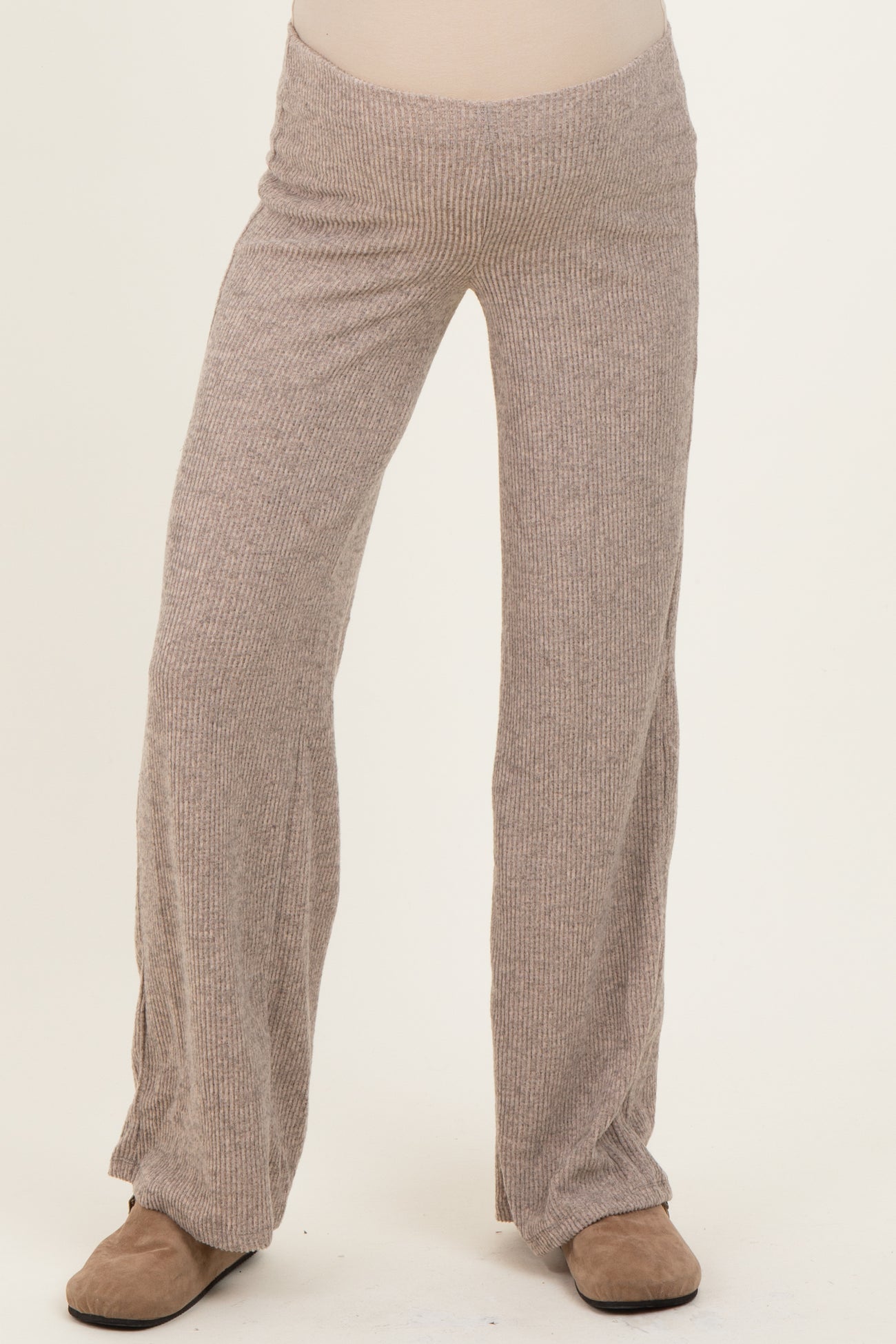 Beige Brushed Knit Flare Leg Maternity Pants