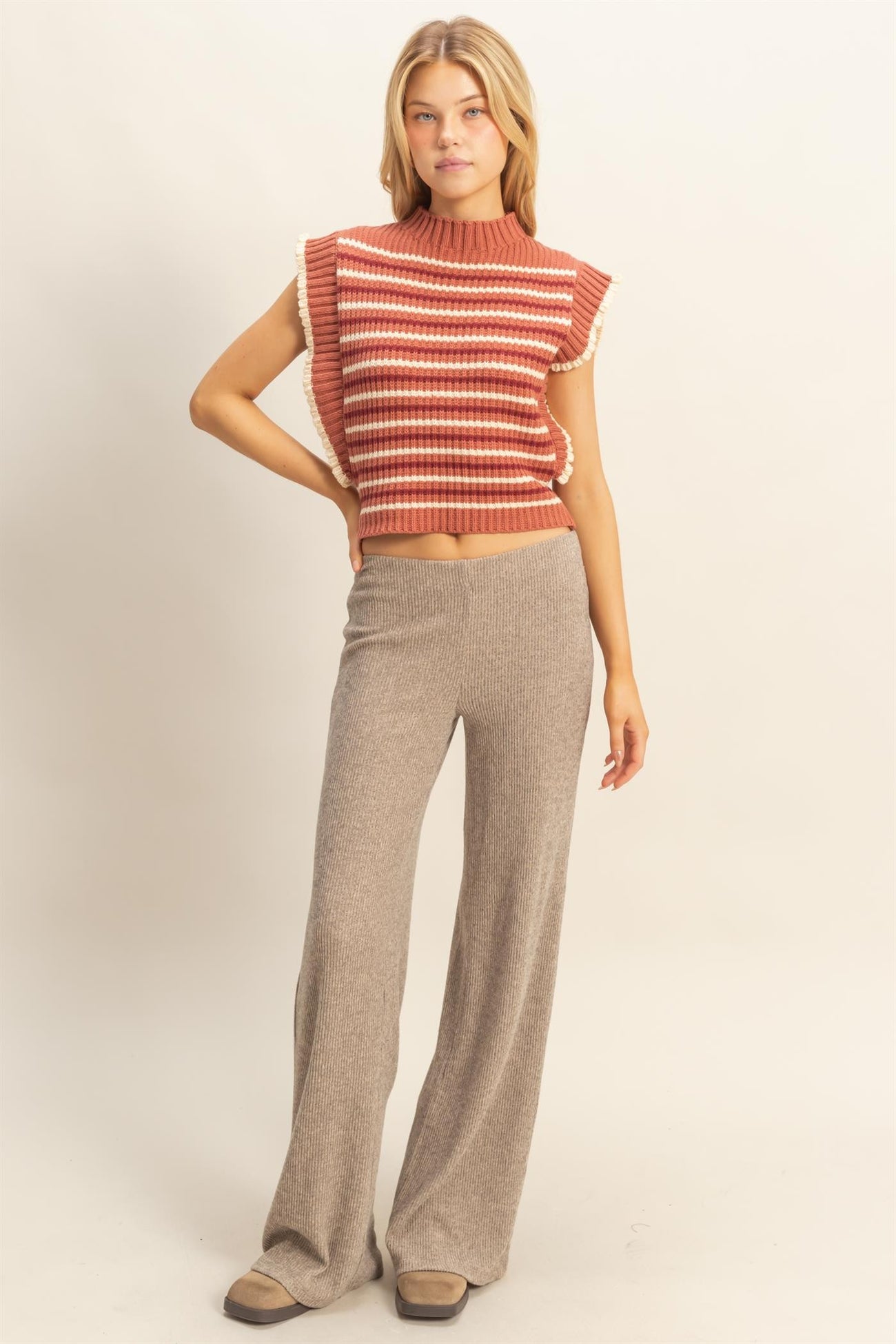 Beige Brushed Knit Flare Leg Pants