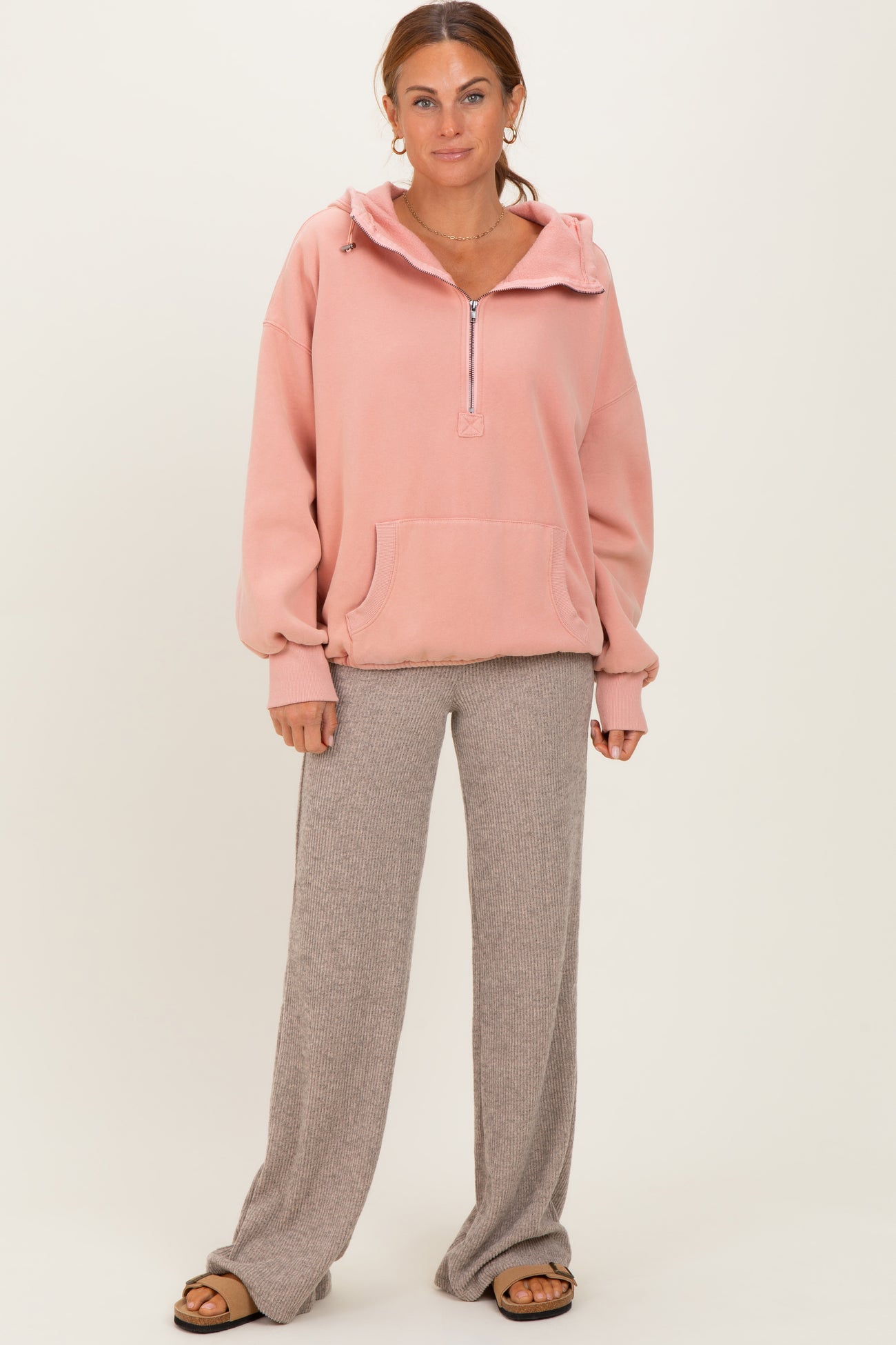 Beige Brushed Knit Flare Leg Maternity Pants