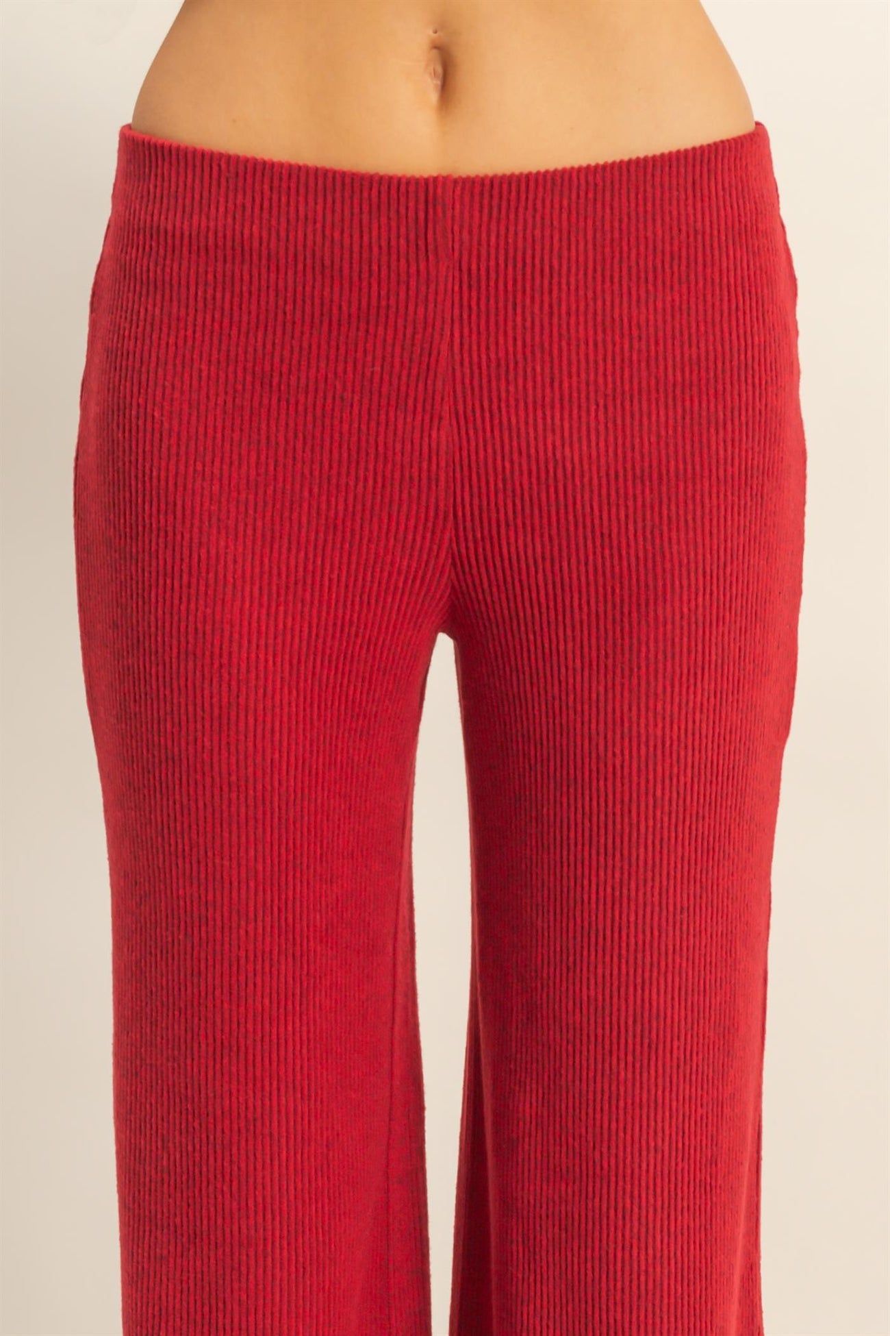 red ribbed wide leg pants with a high waist