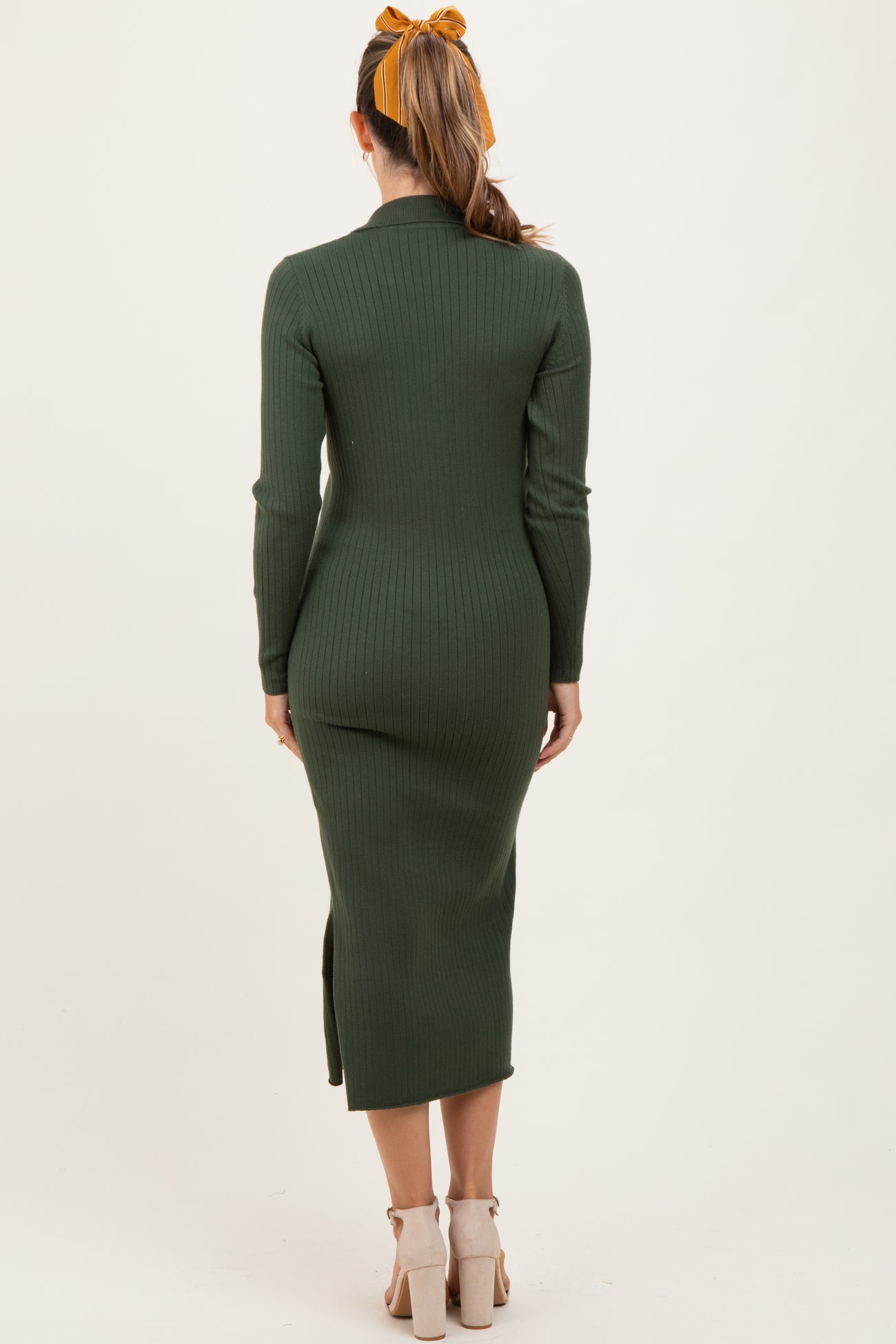 Olive Ribbed Knit Maternity Polo Sweater Dress